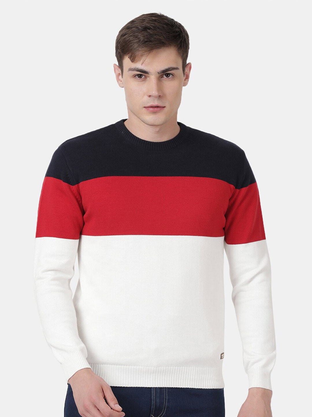 

t-base Colourblocked Round Neck Long Sleeves Cotton Pullover Sweater, Off white