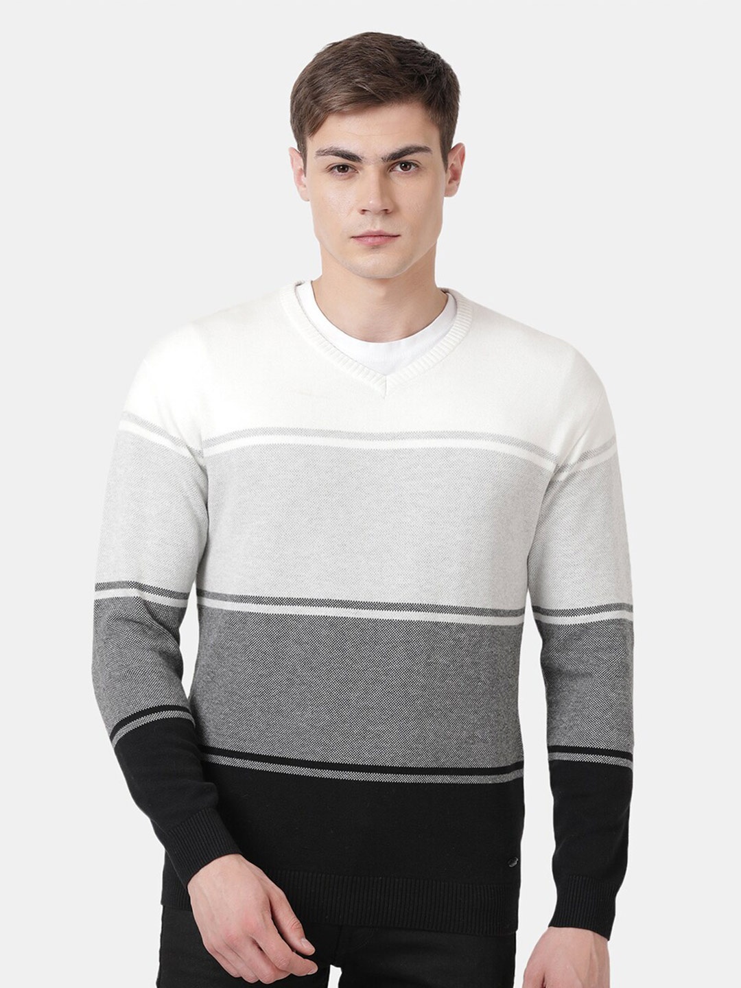 

t-base Colourblocked V-Neck Long Sleeves Cotton Pullover Sweater, Black