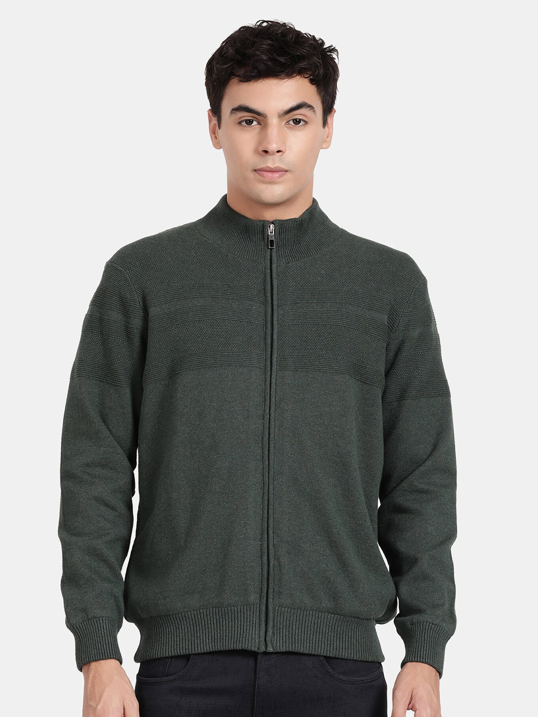 

t-base Mock Collar Long Sleeves Cotton Cardigan Sweaters, Green