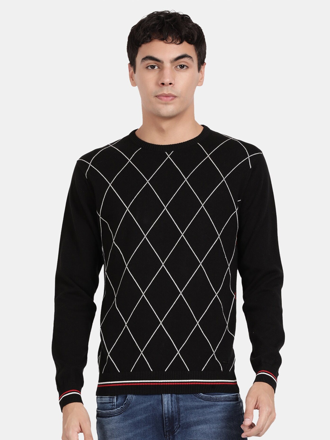 

t-base Checked Round Neck Long Sleeves Cotton Pullover Sweater, Black