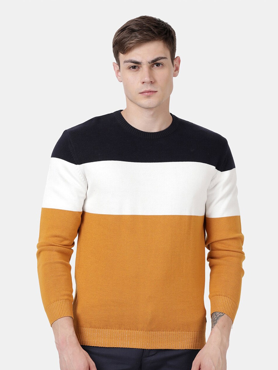 

t-base Colourblocked Round Neck Long Sleeves Cotton Pullover Sweater, Yellow