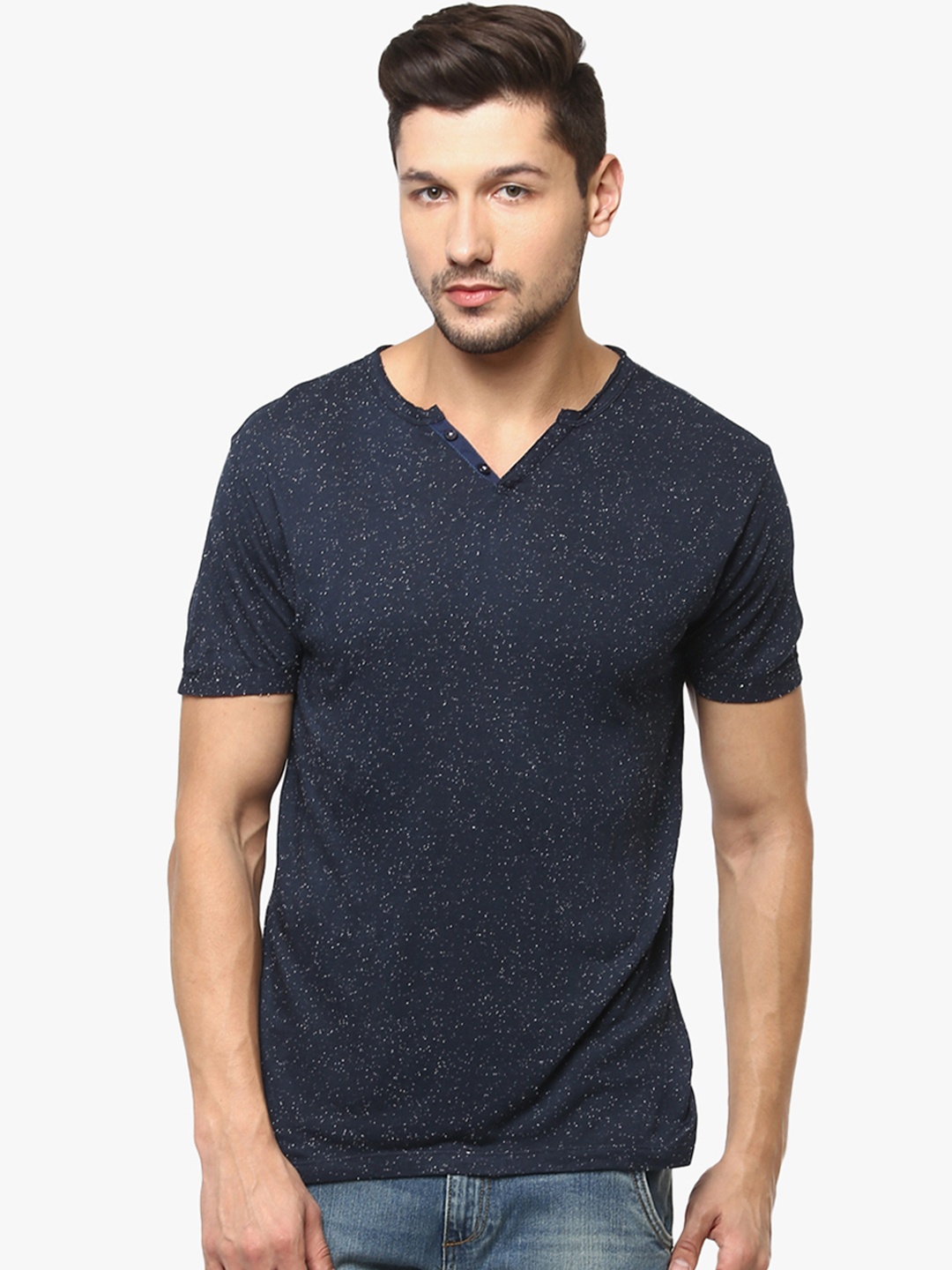 

Crimsoune Club Men Navy Blue Self Design Henley Neck T-shirt