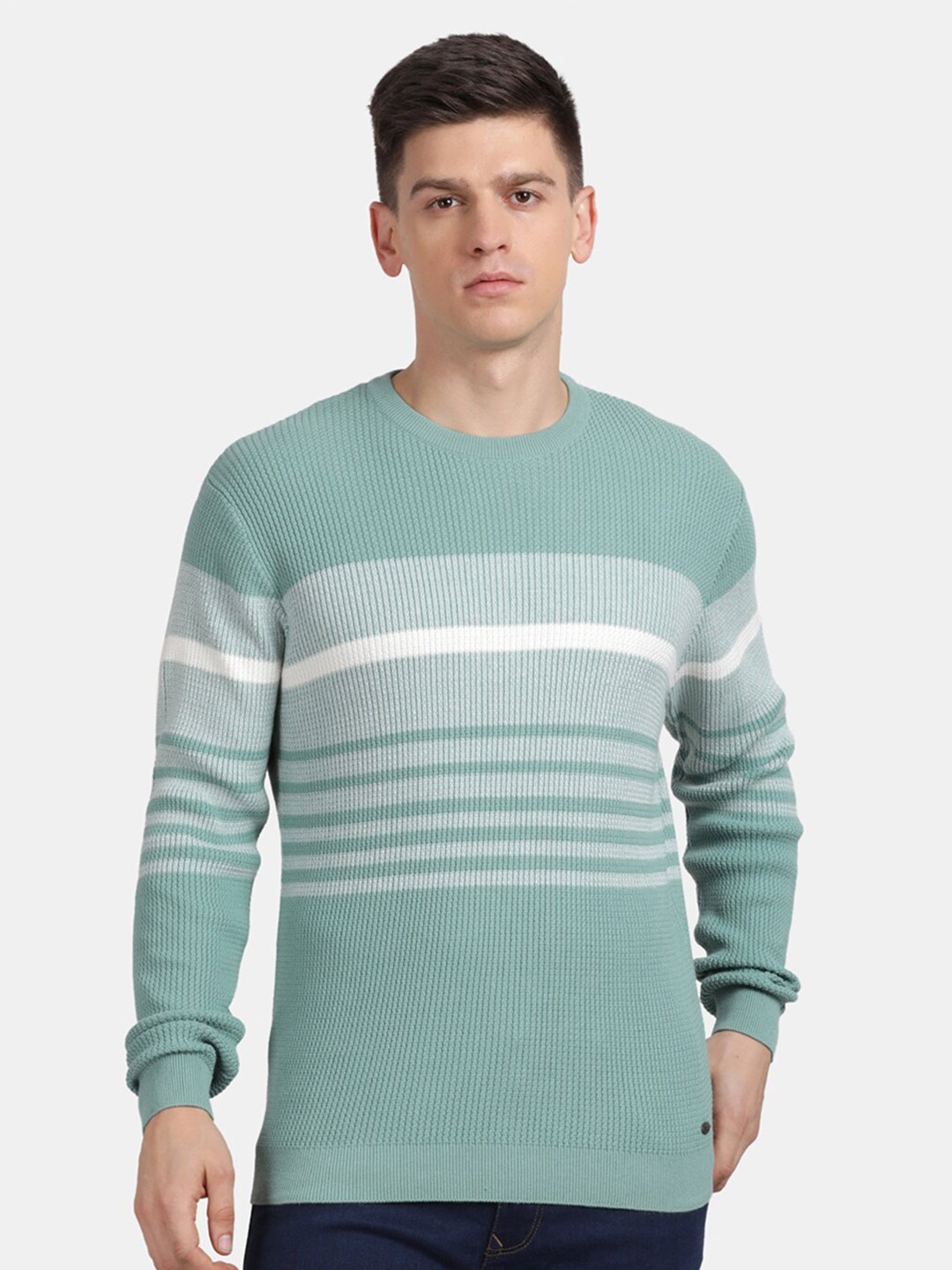 

t-base Colourblocked Round Neck Long Sleeves Cotton Pullover Sweater, Green