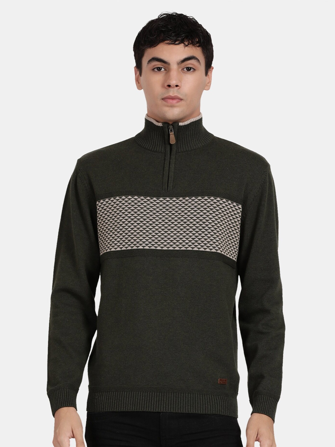 

t-base Geometric Printed Mock Collar Long Sleeves Cotton Pullover Sweaters, Green