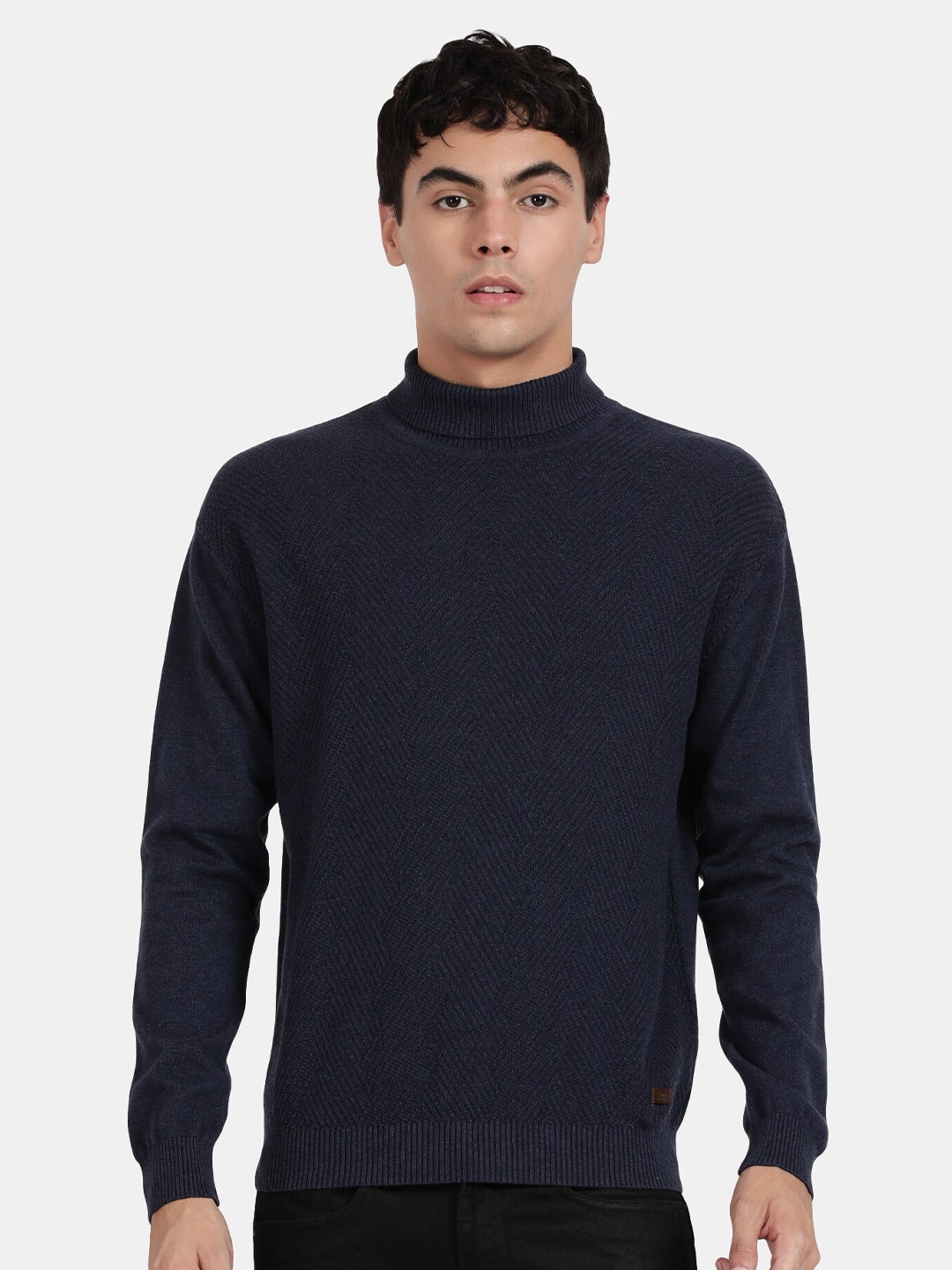 

t-base Chevron Self Design Turtle Neck Long Sleeves Cotton Pullover Sweater, Blue