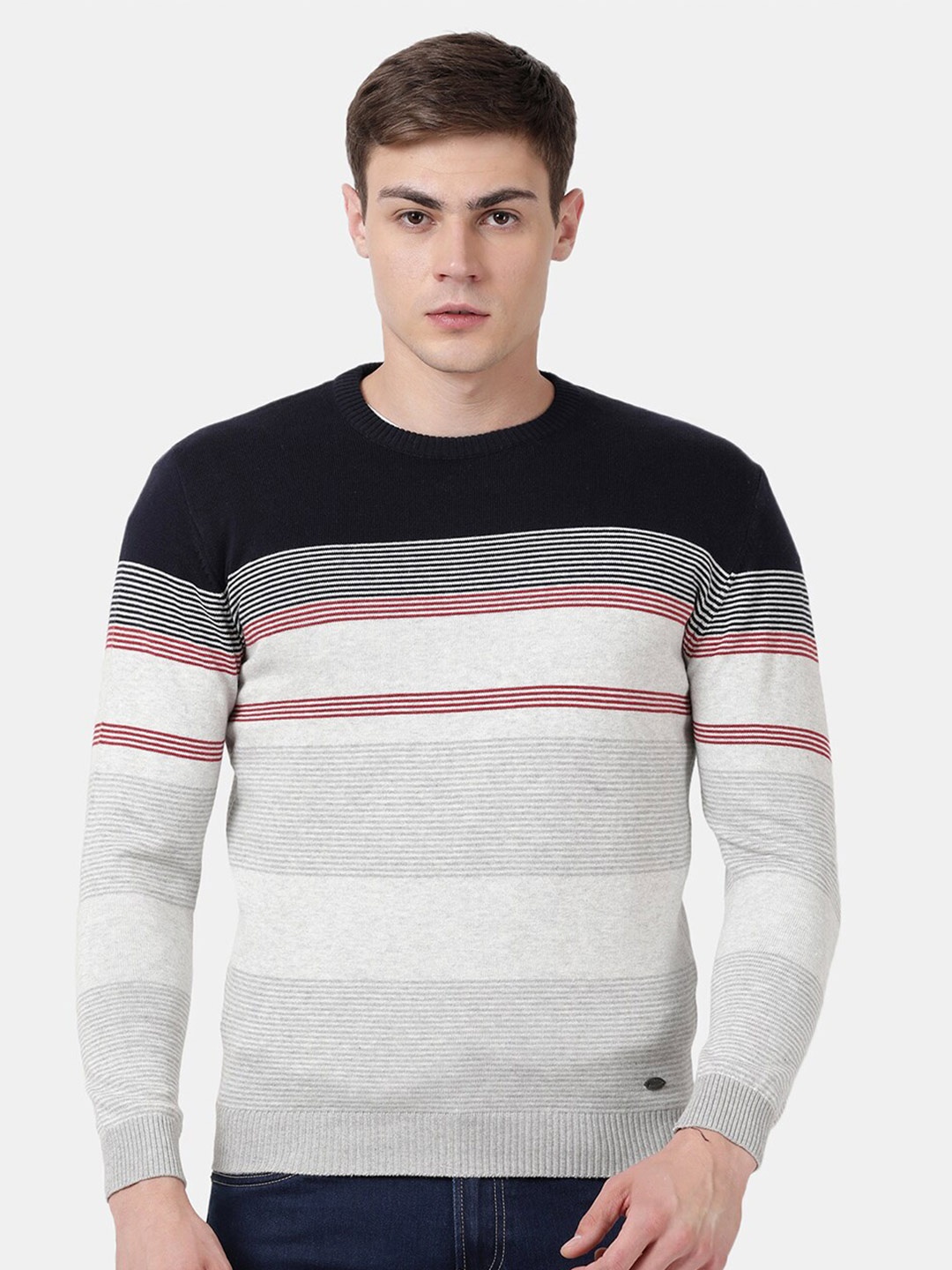 

t-base Striped Round Neck Cotton Pullover Sweaters, Navy blue