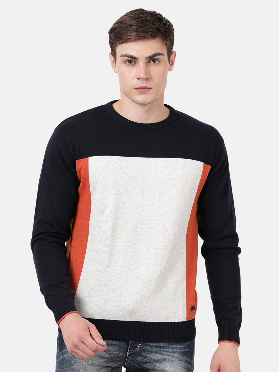 

t-base Colourblocked Turtle Neck Cotton Pullover Sweater, Orange