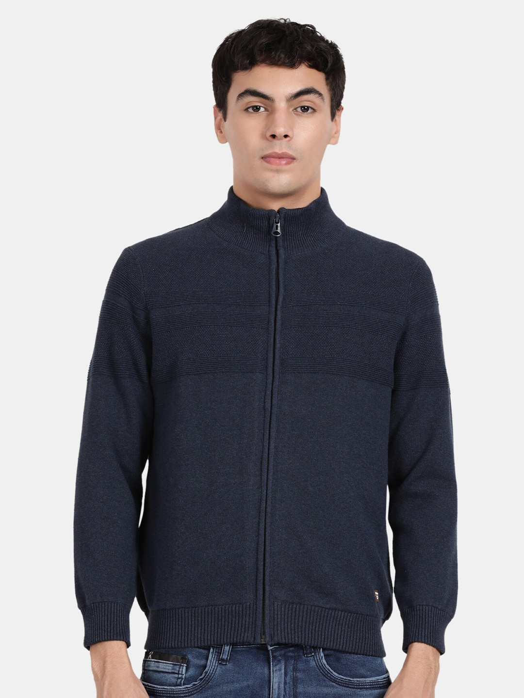 

t-base Striped Mock Collar Cotton Cardigan Sweaters, Navy blue