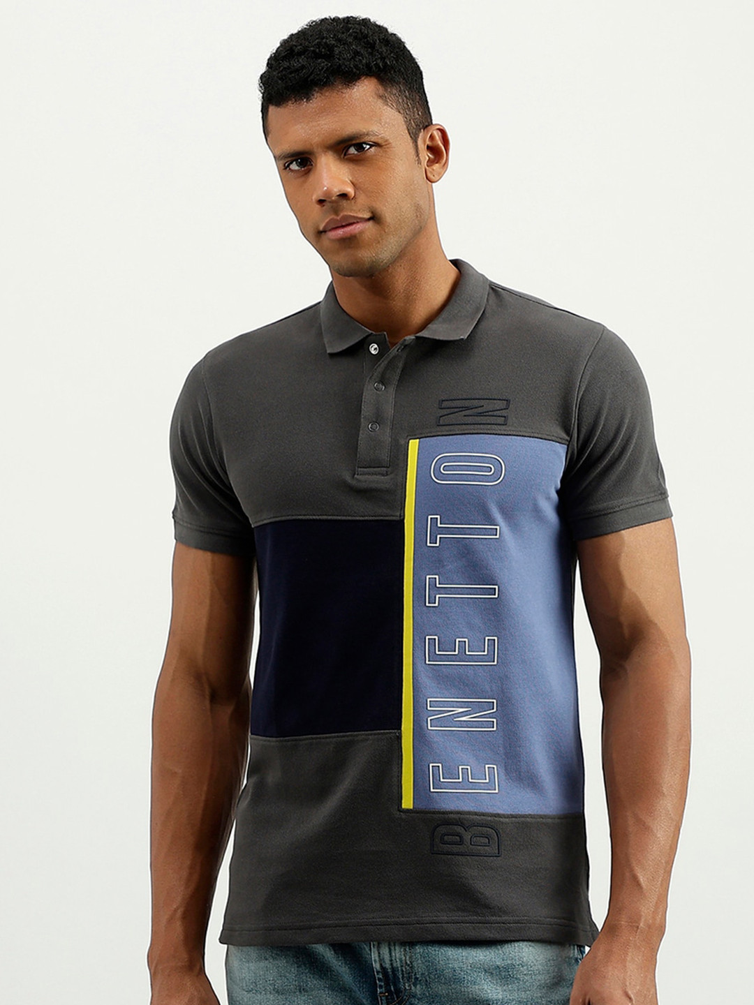 

United Colors of Benetton Colourblocked Polo Collar Cotton T-shirt, Black