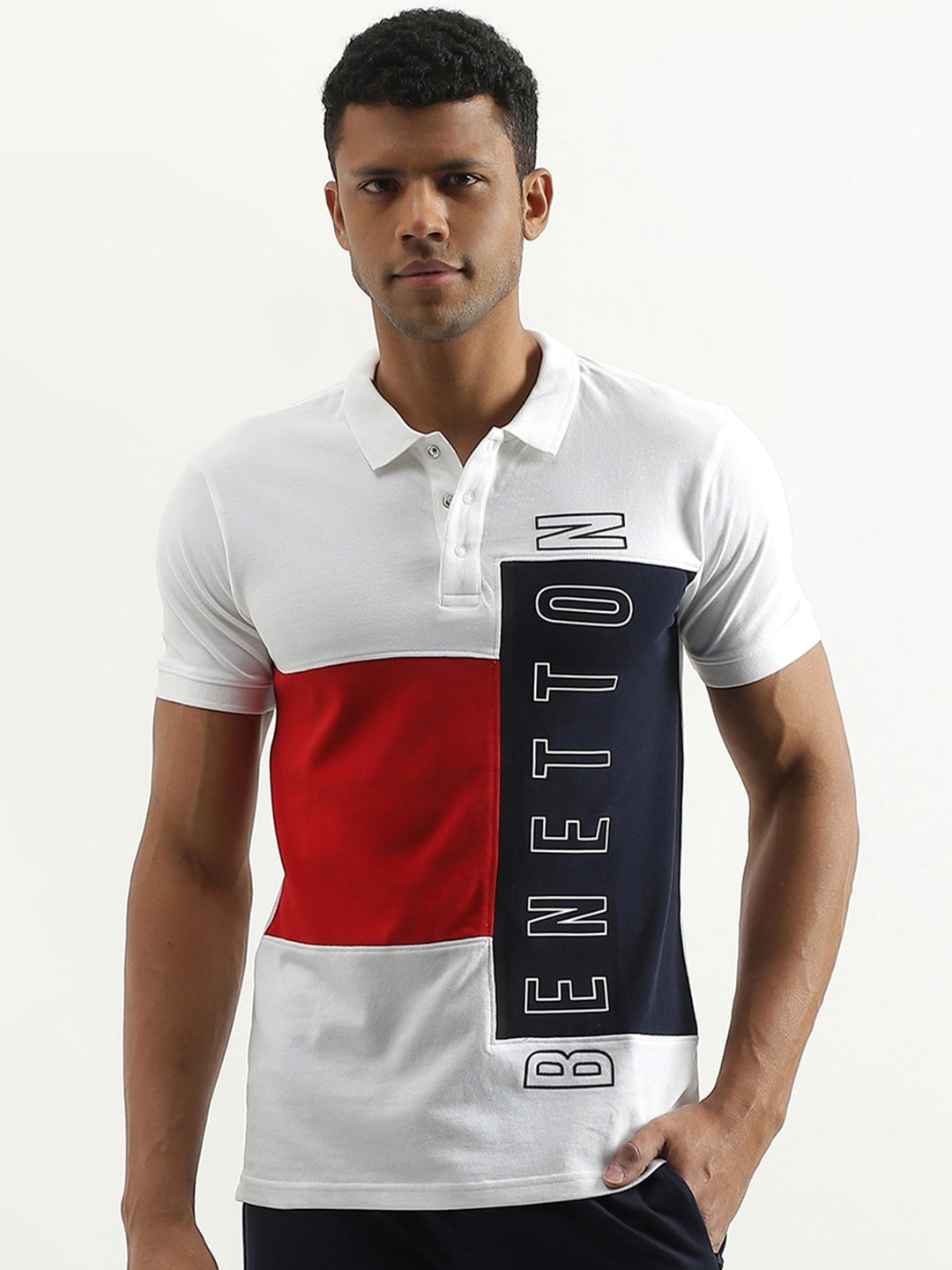

United Colors of Benetton Colourblocked Polo Collar Cotton T-shirt, White