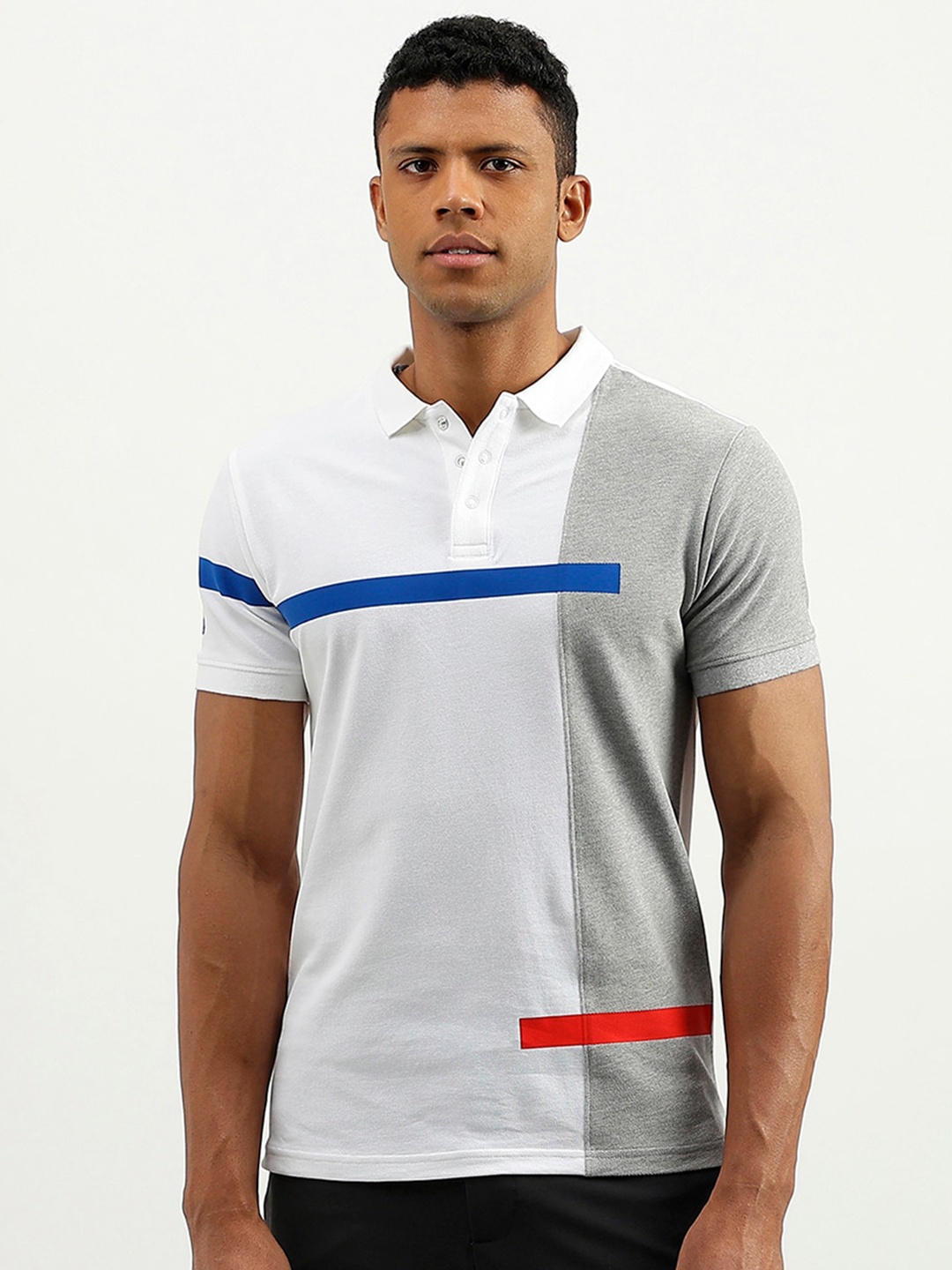 United Colors of Benetton Colourblocked Polo Collar Cotton T-shirt, White