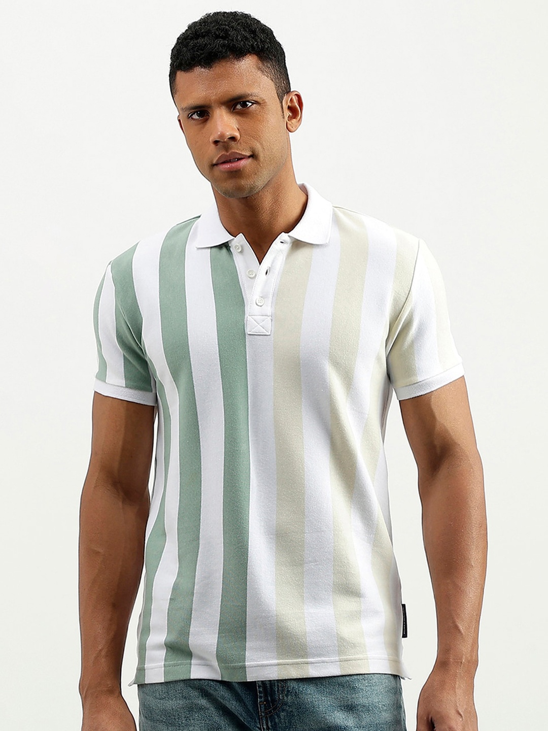 

United Colors of Benetton Striped Polo Collar Cotton T-shirt, White