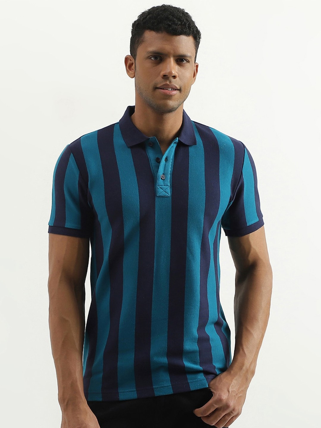 

United Colors of Benetton Striped Polo Collar Cotton T-shirt, Blue