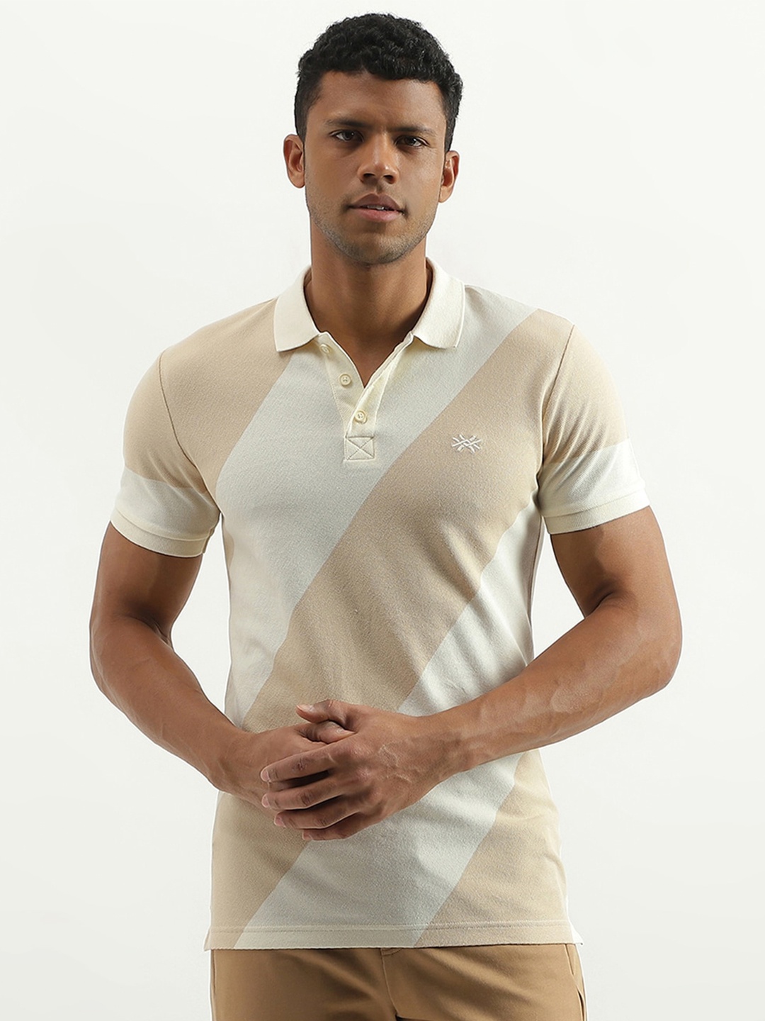 

United Colors of Benetton Colourblocked Polo Collar Cotton T-shirt, Beige