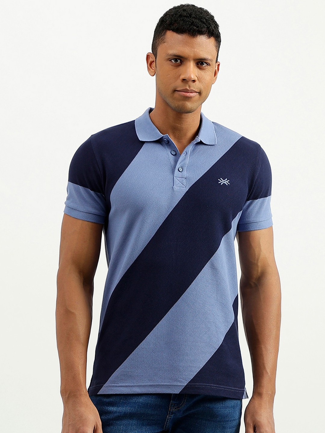 

United Colors of Benetton Colourblocked Polo Collar Cotton T-shirt, Blue