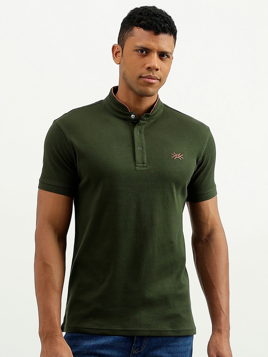 

United Colors of Benetton Regular Fit Stand Collar Cotton T-shirt, Green