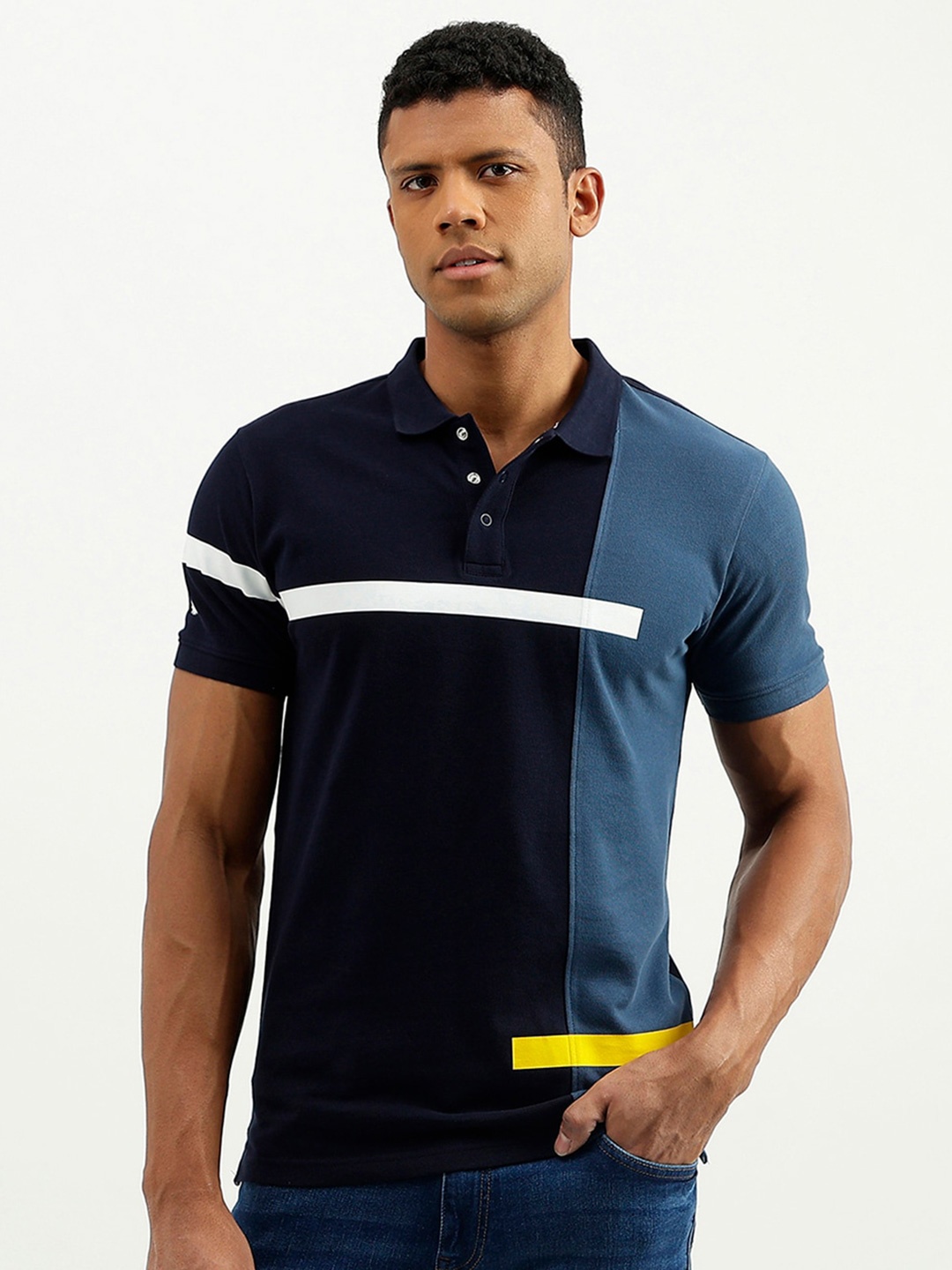 

United Colors of Benetton Colourblocked Polo Collar Cotton T-shirt, Blue