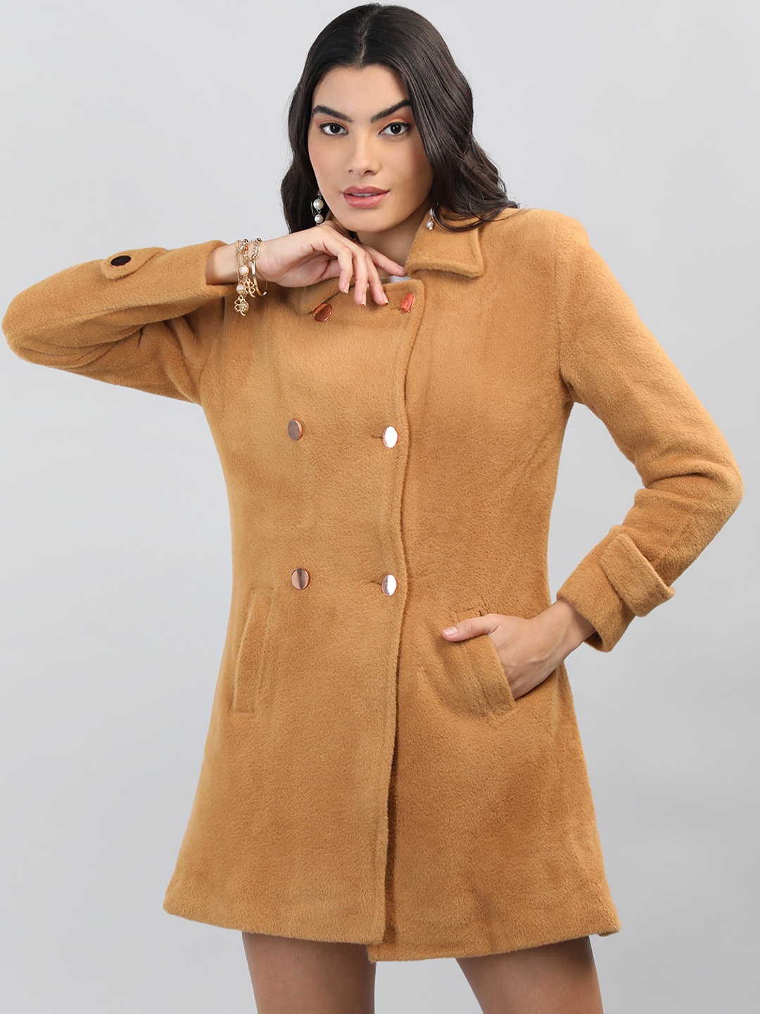 

CHKOKKO Double Breasted Spread Collar Wollen Overcoat, Tan