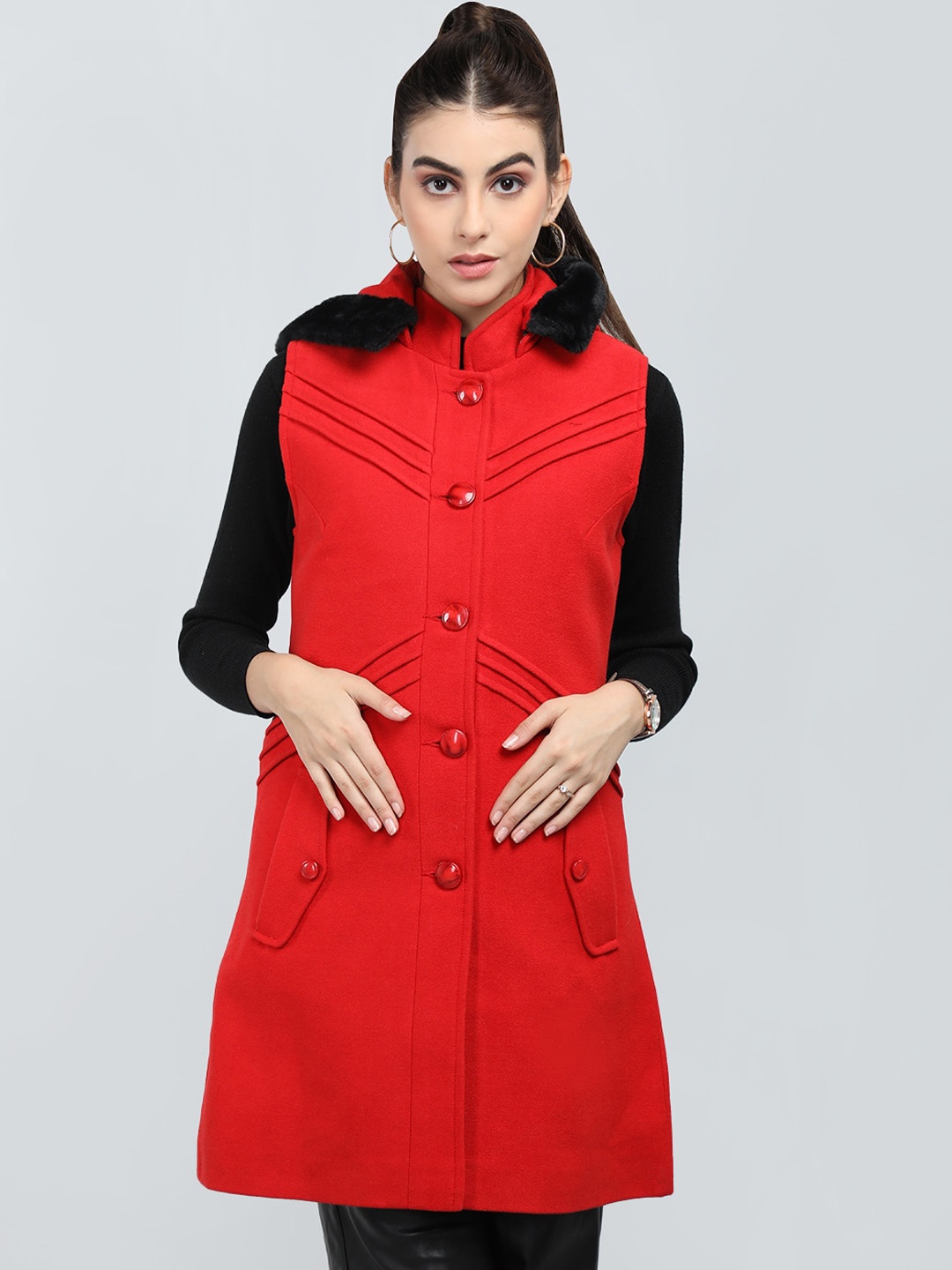 

CHKOKKO Single Breasted Hooded Spread Collar Woollen Overcoat, Red