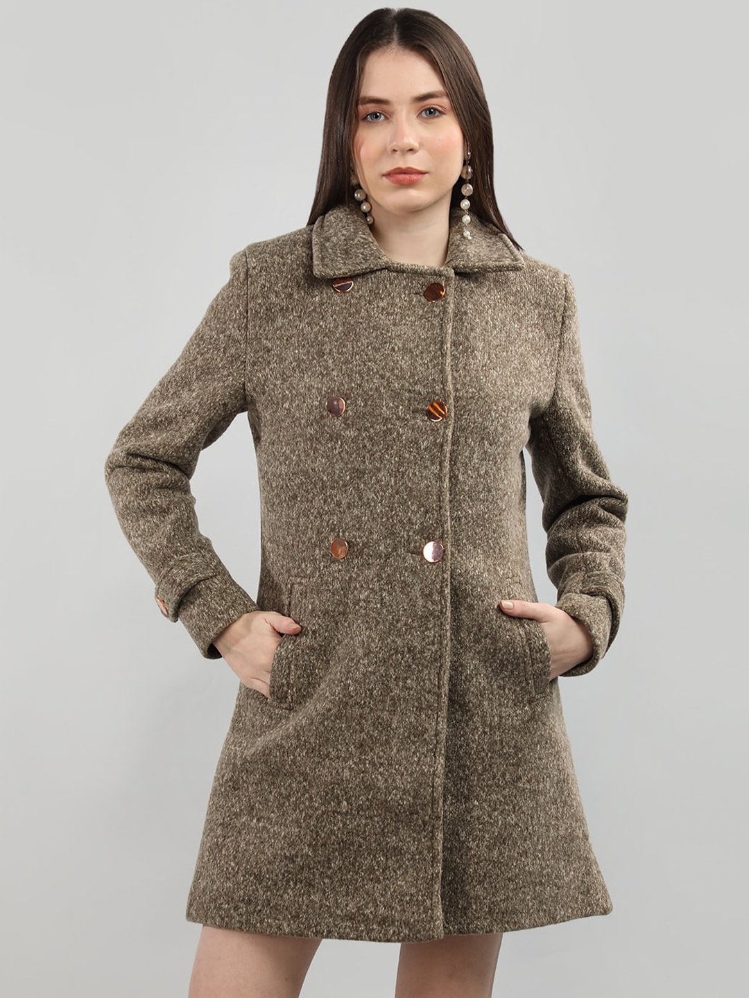 

CHKOKKO Double Breasted Woollen Overcoat, Coffee brown