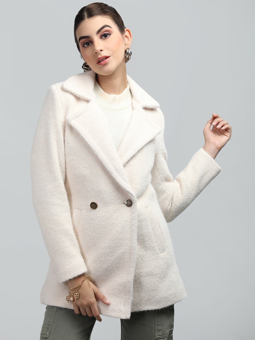 

CHKOKKO Double Breasted Notched Lapel Collar Woollen Overcoat, Off white