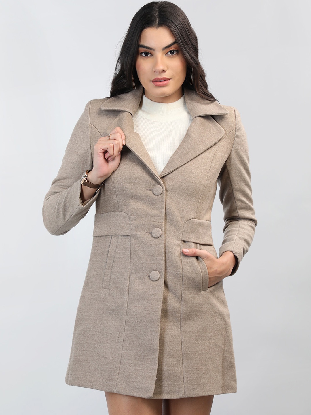 

CHKOKKO Single Breasted Notched Lapel Collar Woollen Overcoat, Beige