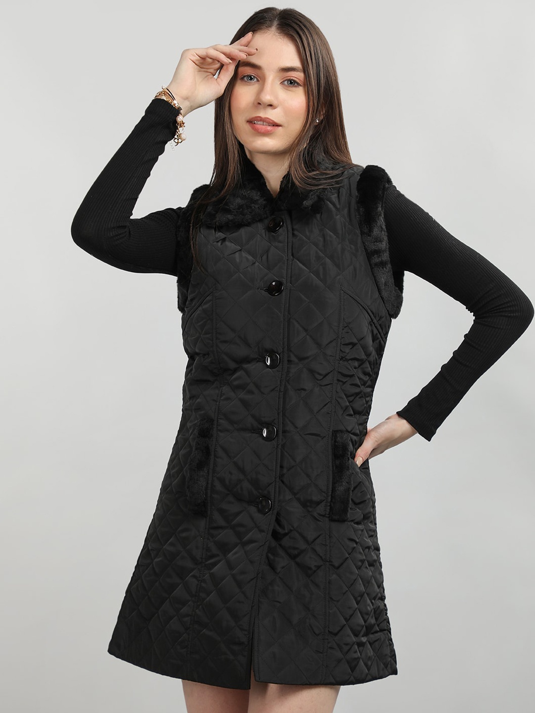 

CHKOKKO Single Breasted Sleeveless Woollen Overcoat, Black