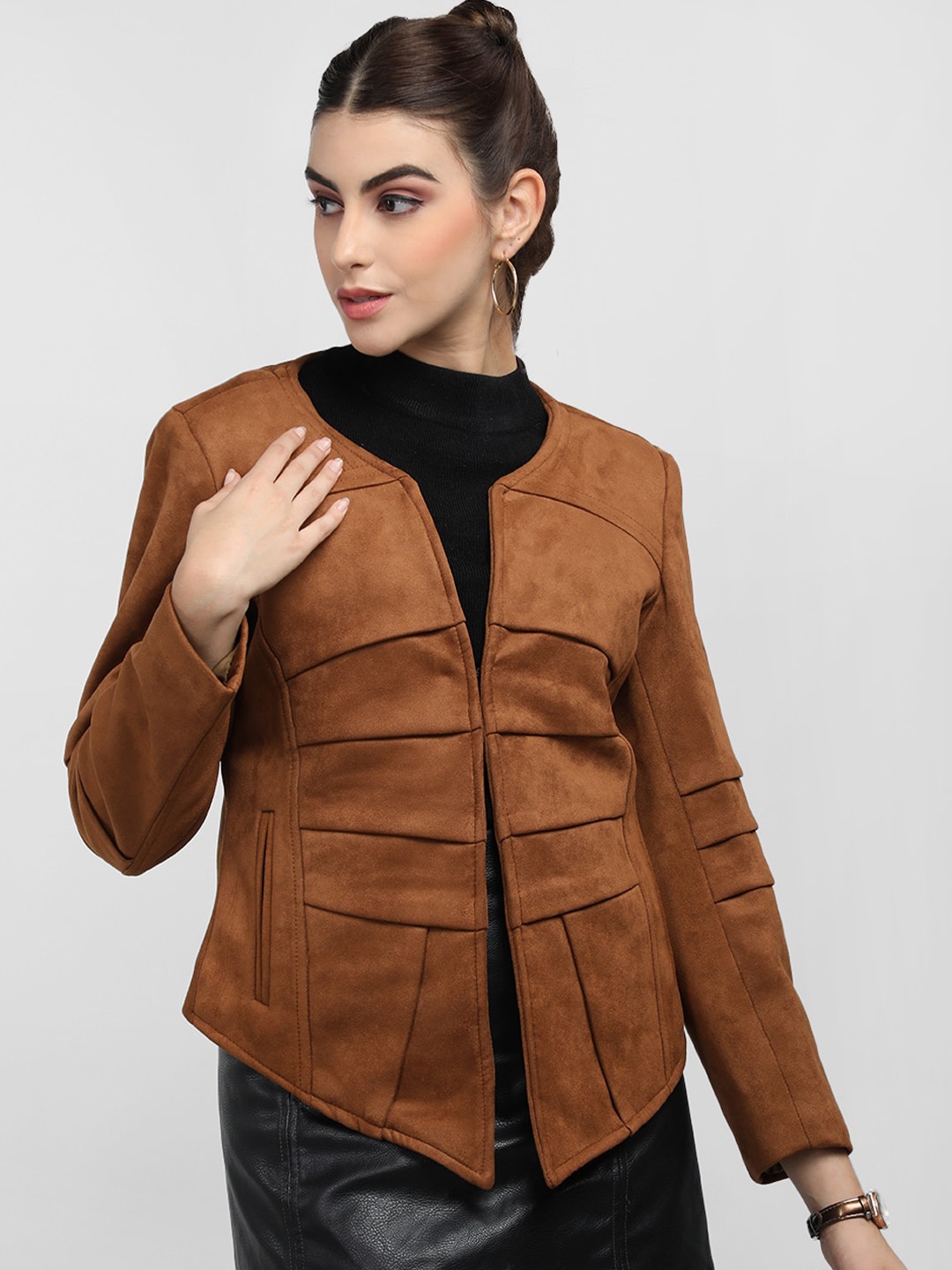 

CHKOKKO Single Breasted Mandarin Collar Woollen Pea Coat, Tan