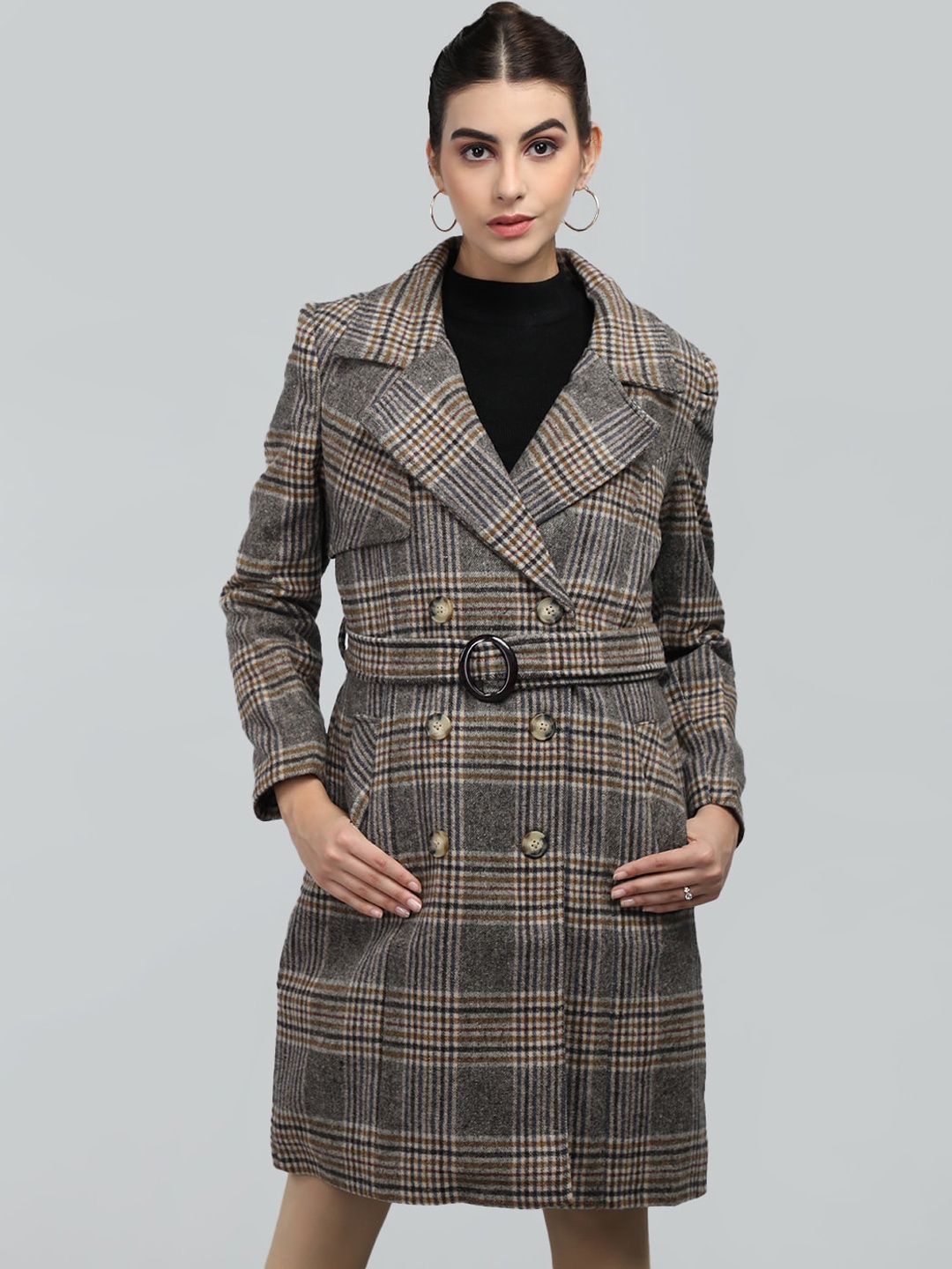 

CHKOKKO Double Breasted Checked Notched Lapel Collar Woollen Overcoat, Brown
