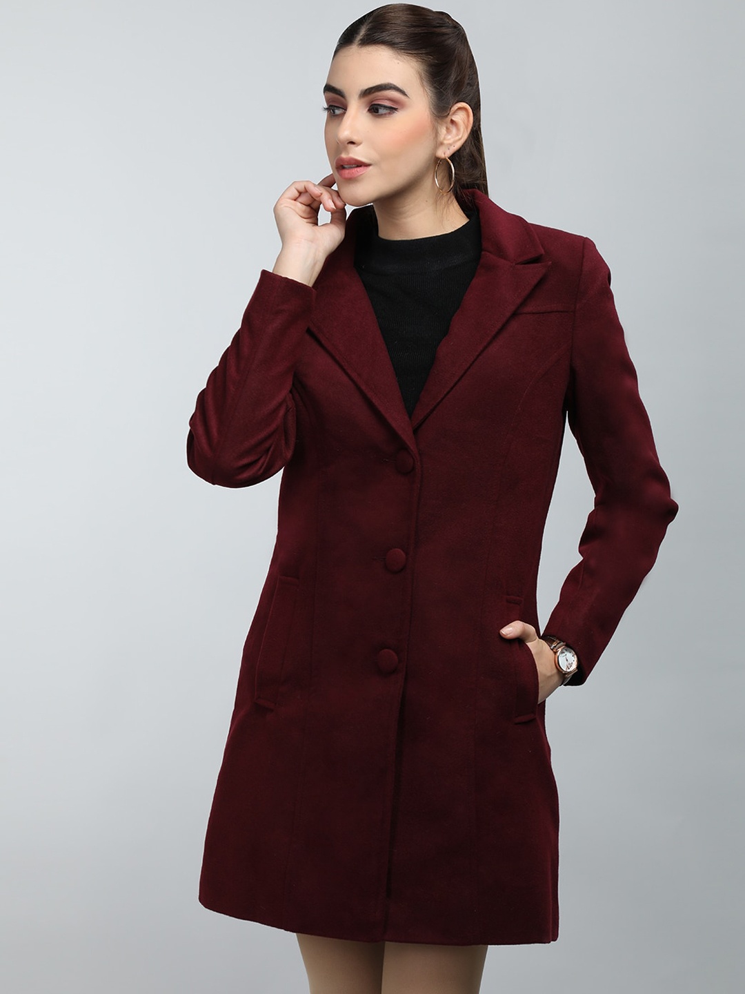 

CHKOKKO Single Breasted Notched Lapel Collar Woollen Overcoat, Maroon