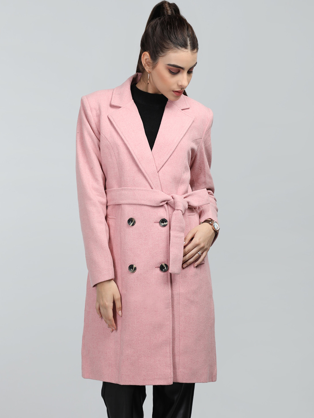 

CHKOKKO Double Breasted Notched Lapel Collar Woollen Trench Coat, Pink