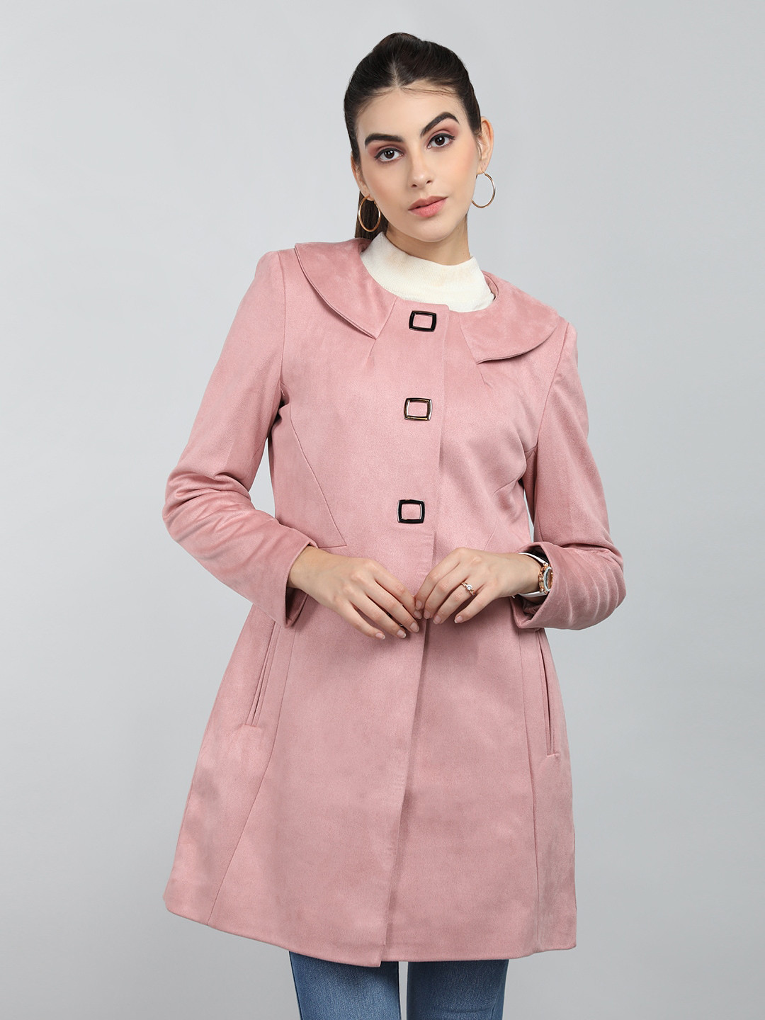 

CHKOKKO Single Breasted Round Neck Woollen Overcoat, Pink
