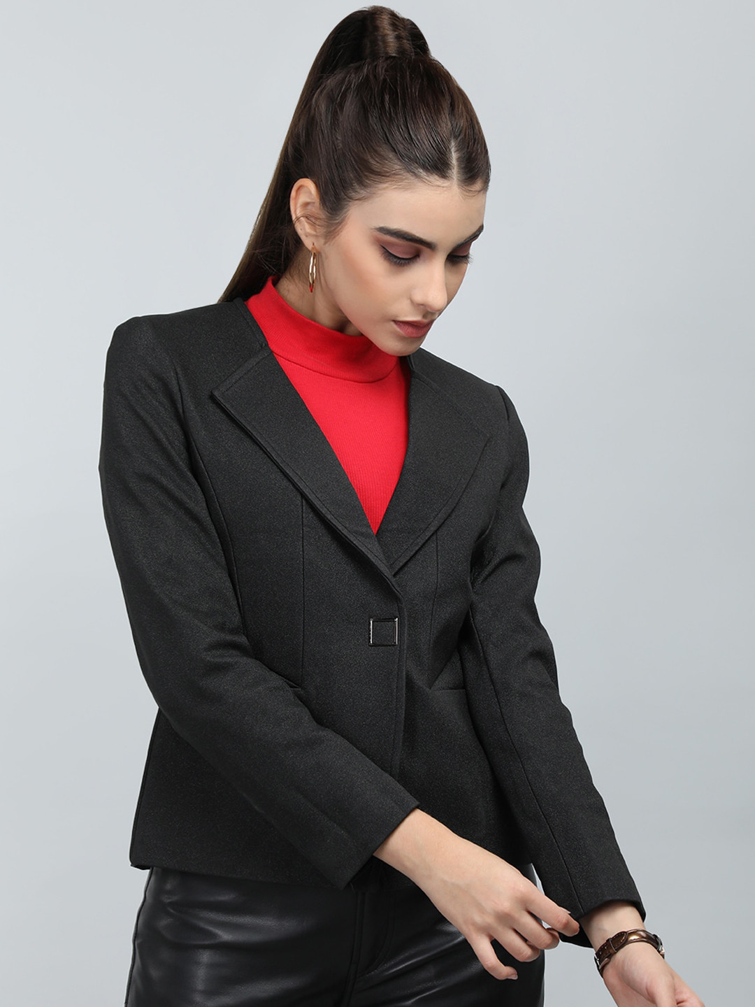 

CHKOKKO Single Breasted Notched Lapel Collar Crop Woollen Pea Coat, Black