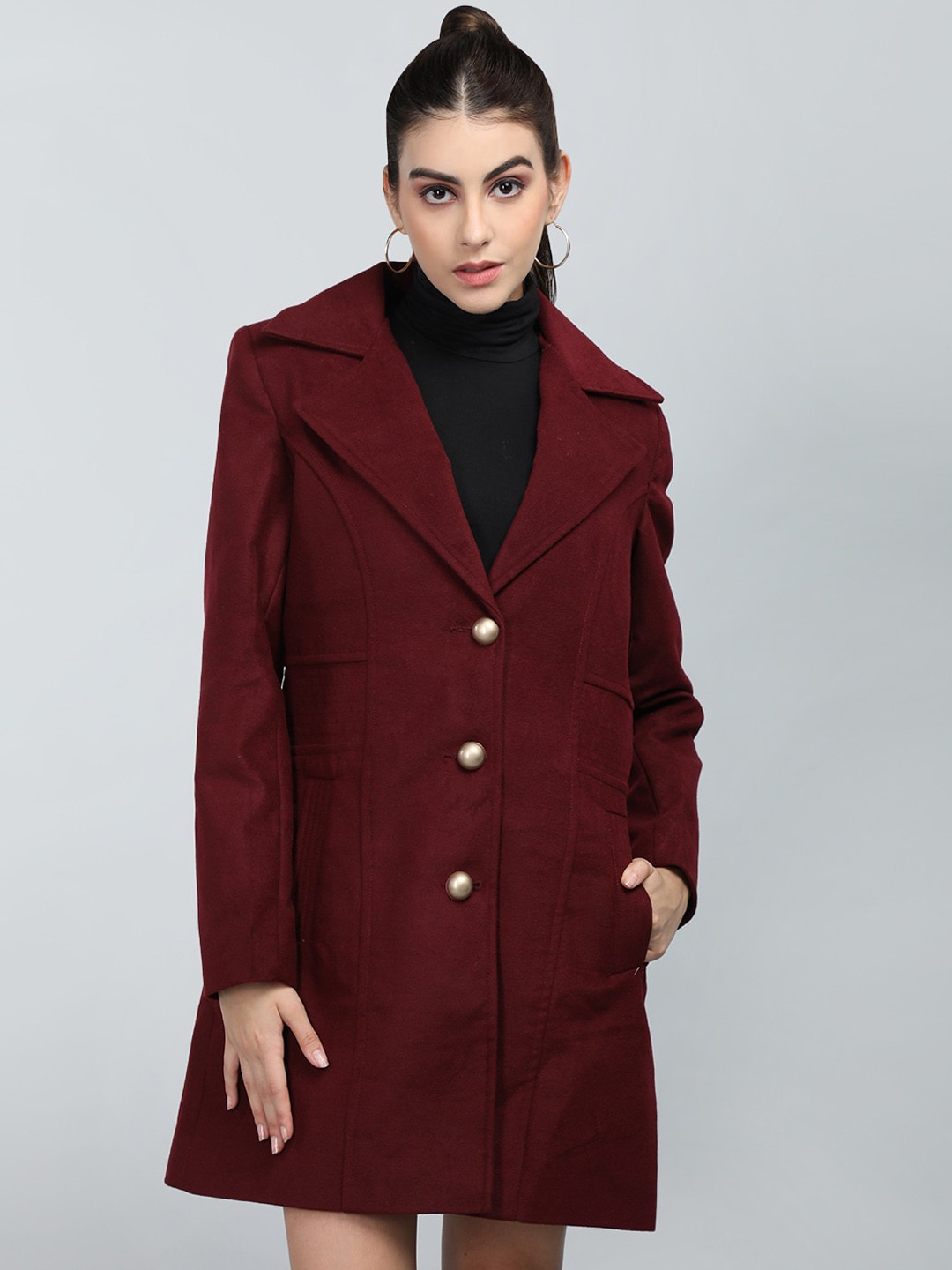 

CHKOKKO Single Breasted Notched Lapel Collar Woollen Overcoat, Maroon