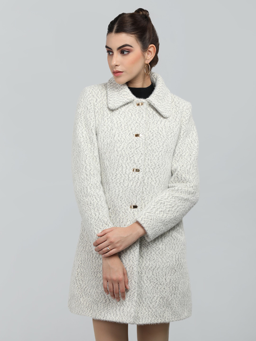 

CHKOKKO Self Design Single Breasted Spread Collar Overcoat, Grey