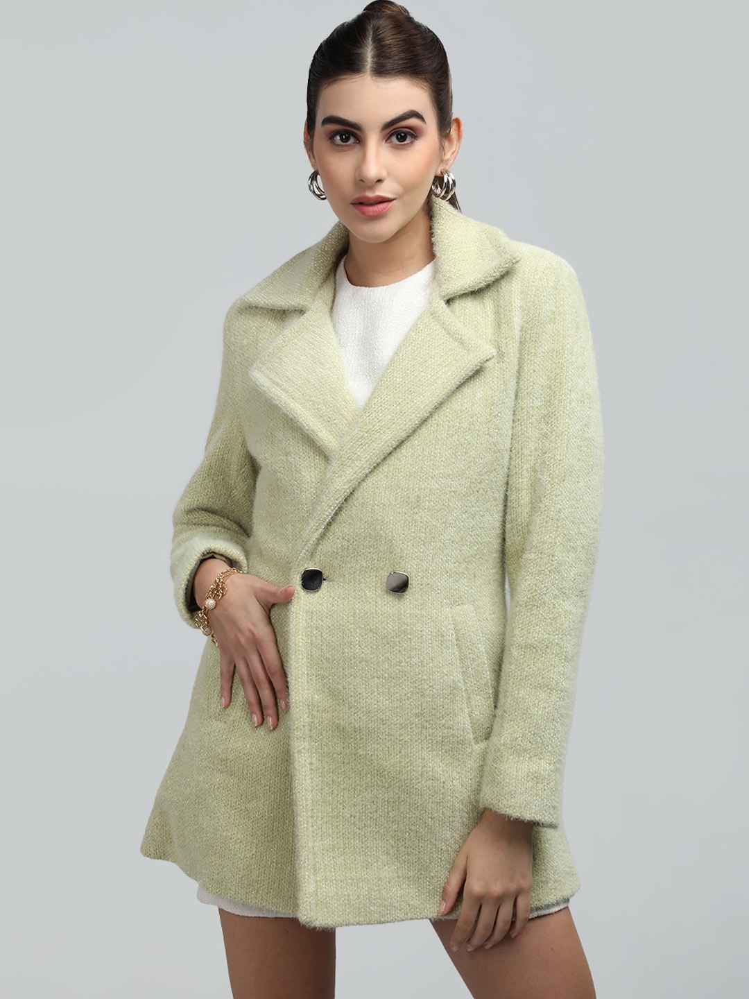

CHKOKKO Double Breasted Notched Lapel Collar Woolen Pea Coat, Green