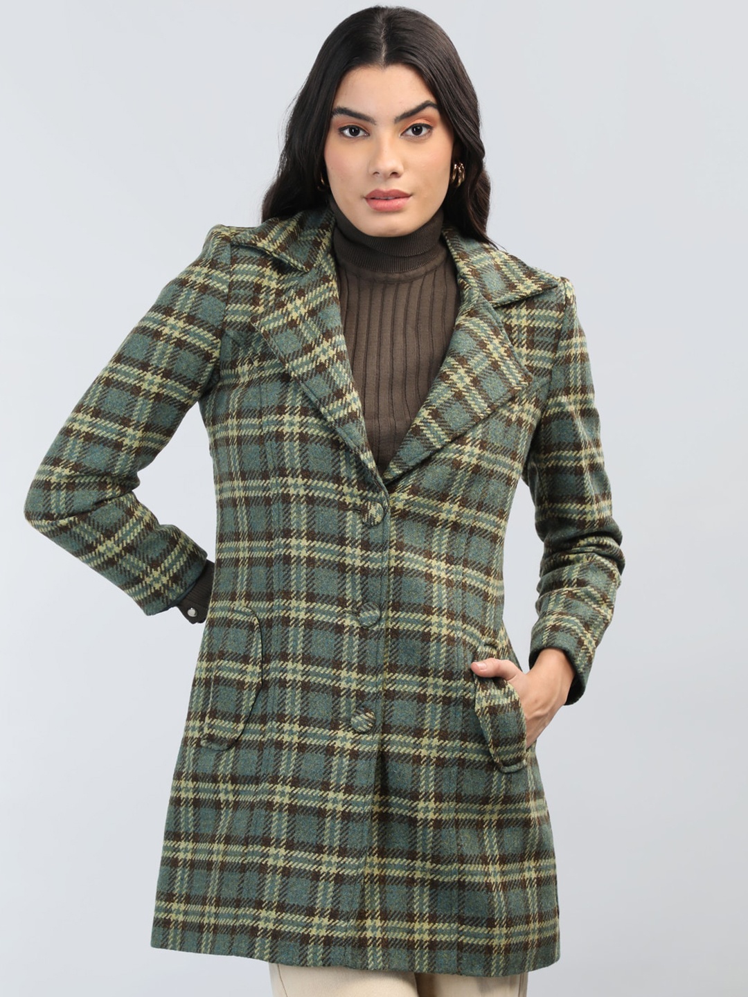 

CHKOKKO Checked Single Breasted Notched Lapel Collar Overcoat, Olive
