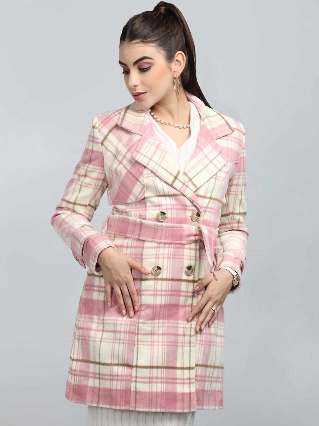 

CHKOKKO Checked Double Breasted Notched Lapel Collar Trench Coat, Pink