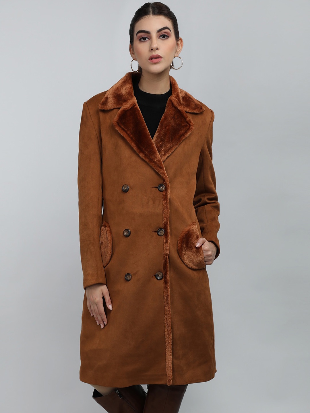 

CHKOKKO Double Breasted Notched Lapel Collar Overcoat, Tan