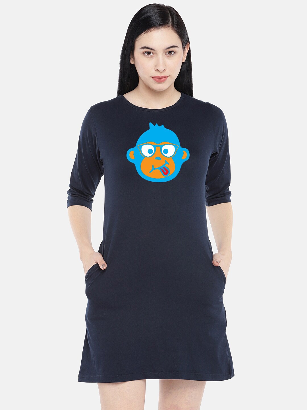 

STATUS MANTRA Graphic Printed Cotton T-shirt Dress, Navy blue