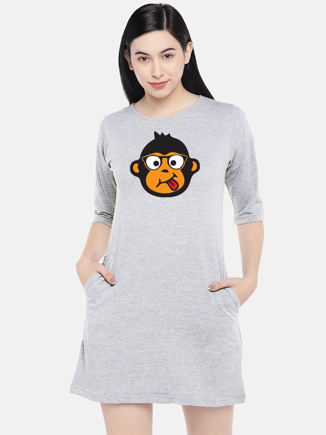 

STATUS MANTRA Graphic Printed Cotton T-shirt Dress, Grey