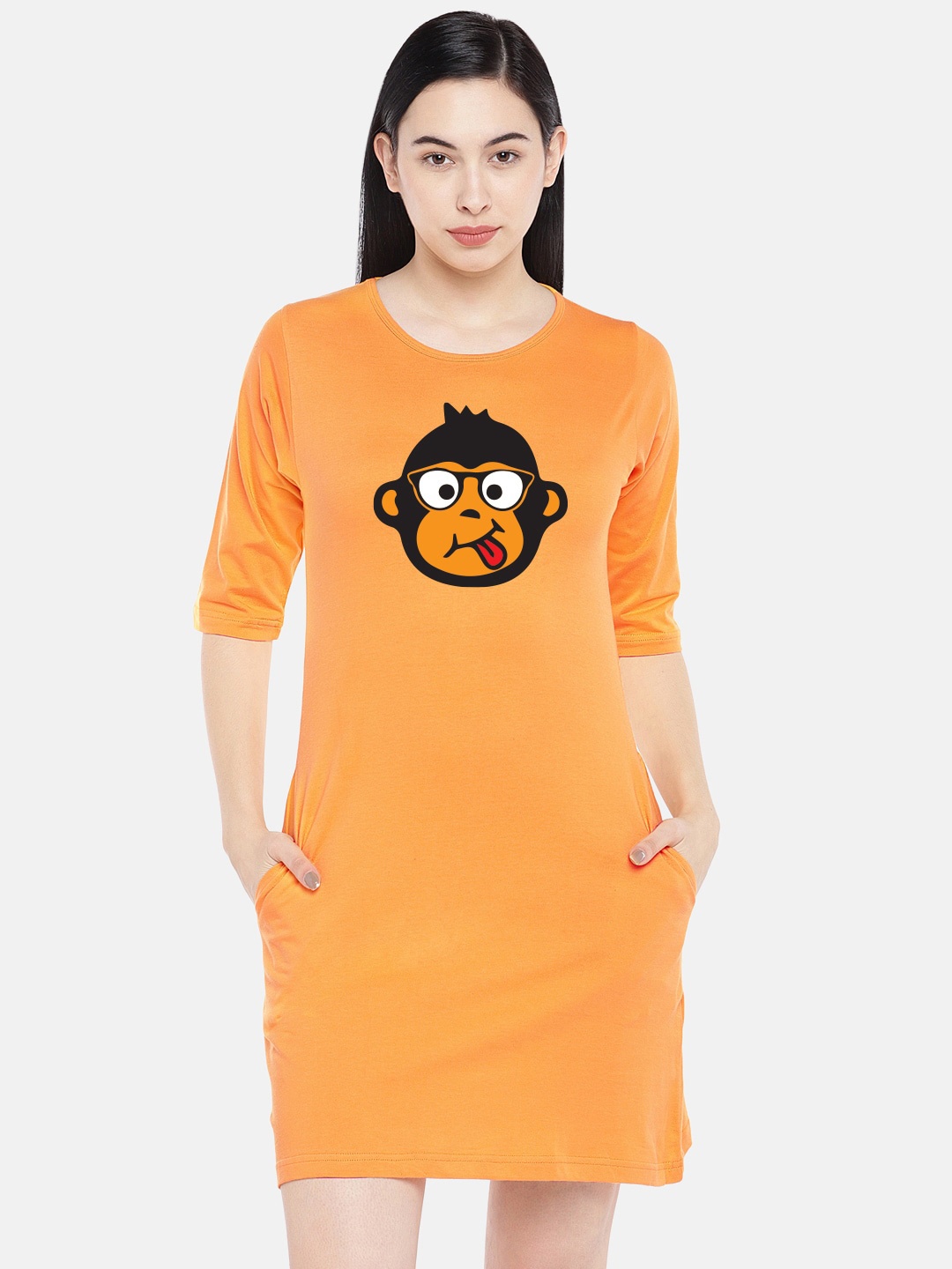 

STATUS MANTRA Graphic Printed Cotton T-shirt Dress, Orange