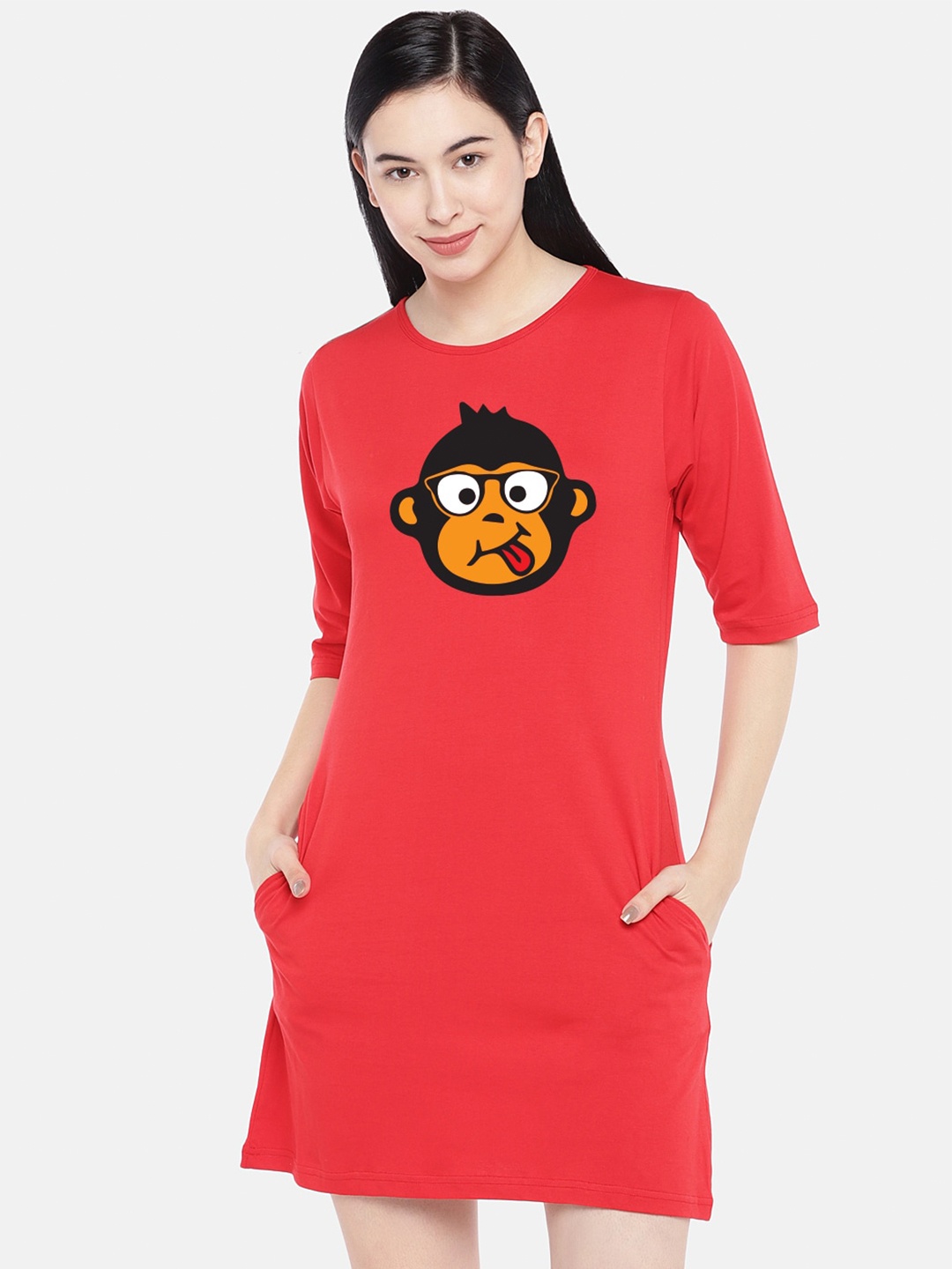 

STATUS MANTRA Graphic Printed Cotton T-shirt Dress, Red
