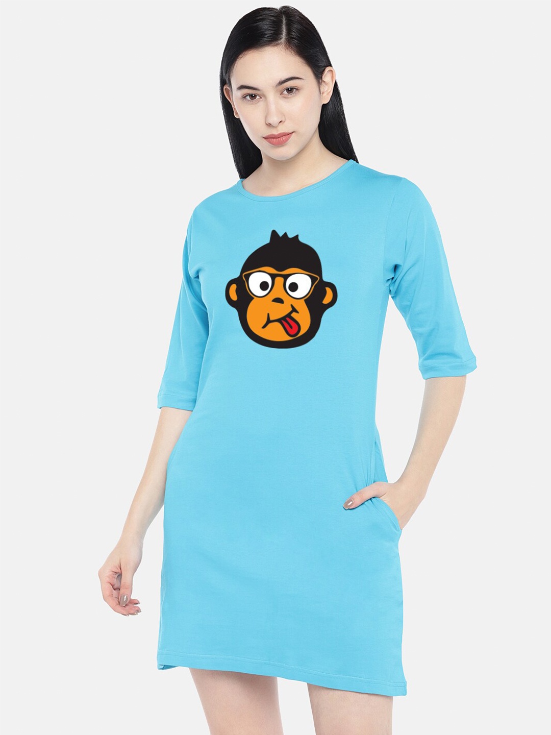 

STATUS MANTRA Graphic Printed Cotton T-shirt Dress, Turquoise blue