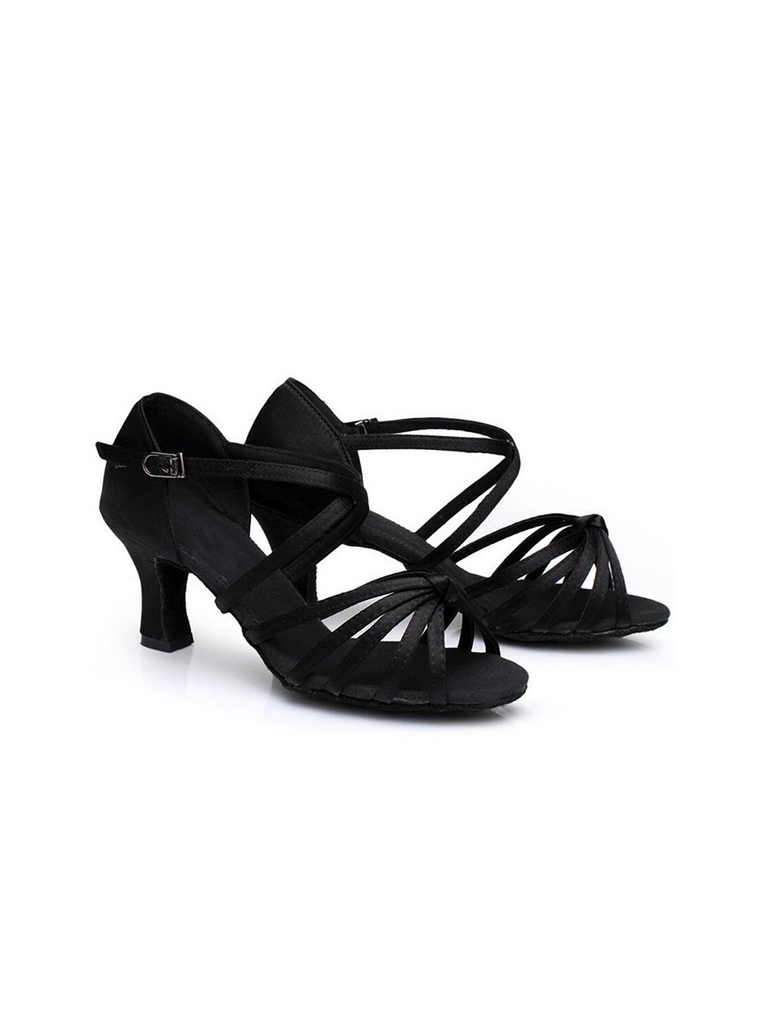 

IKAANYA Open Toe Buckles Detail Kitten Heels, Black