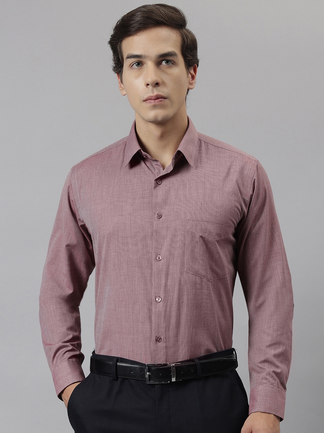 

English Navy Standard Slim Fit Chambray Weave Cotton Formal Shirt, Red