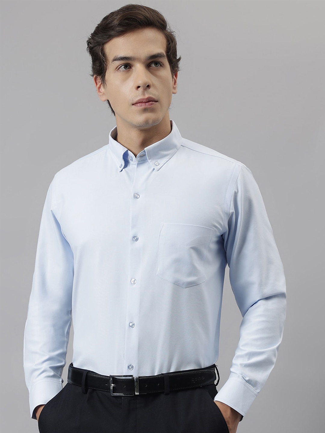 

English Navy Standard Slim Fit Oxford Weave Button-Down Collar Cotton Formal Shirt, Blue