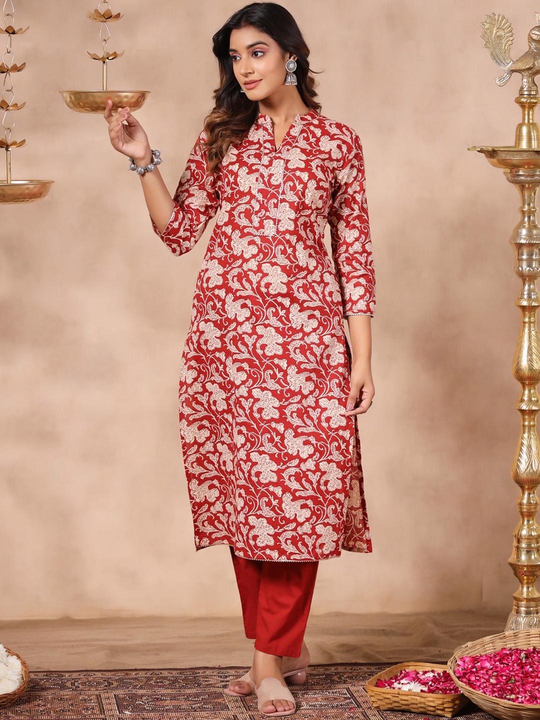 

Anubhutee Floral Printed Regular Gotta Patti Pure Cotton Kurta With Trousers, Red