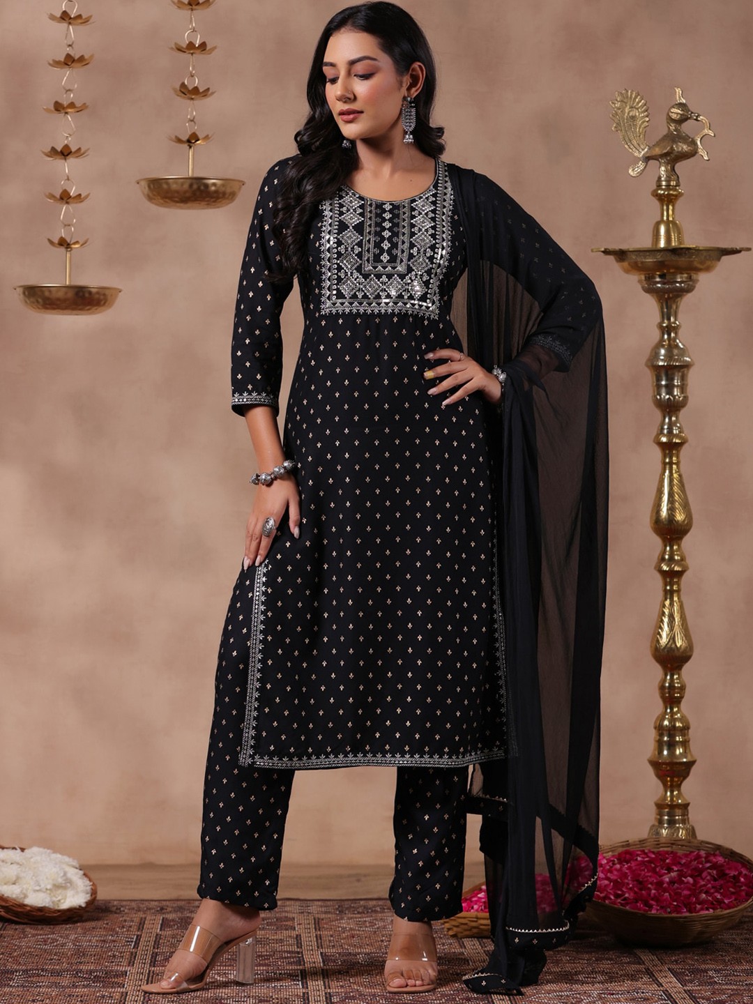 

Anubhutee Ethnic Motifs Embroidered Regular Thread Work Kurta With Trousers & Dupatta, Black