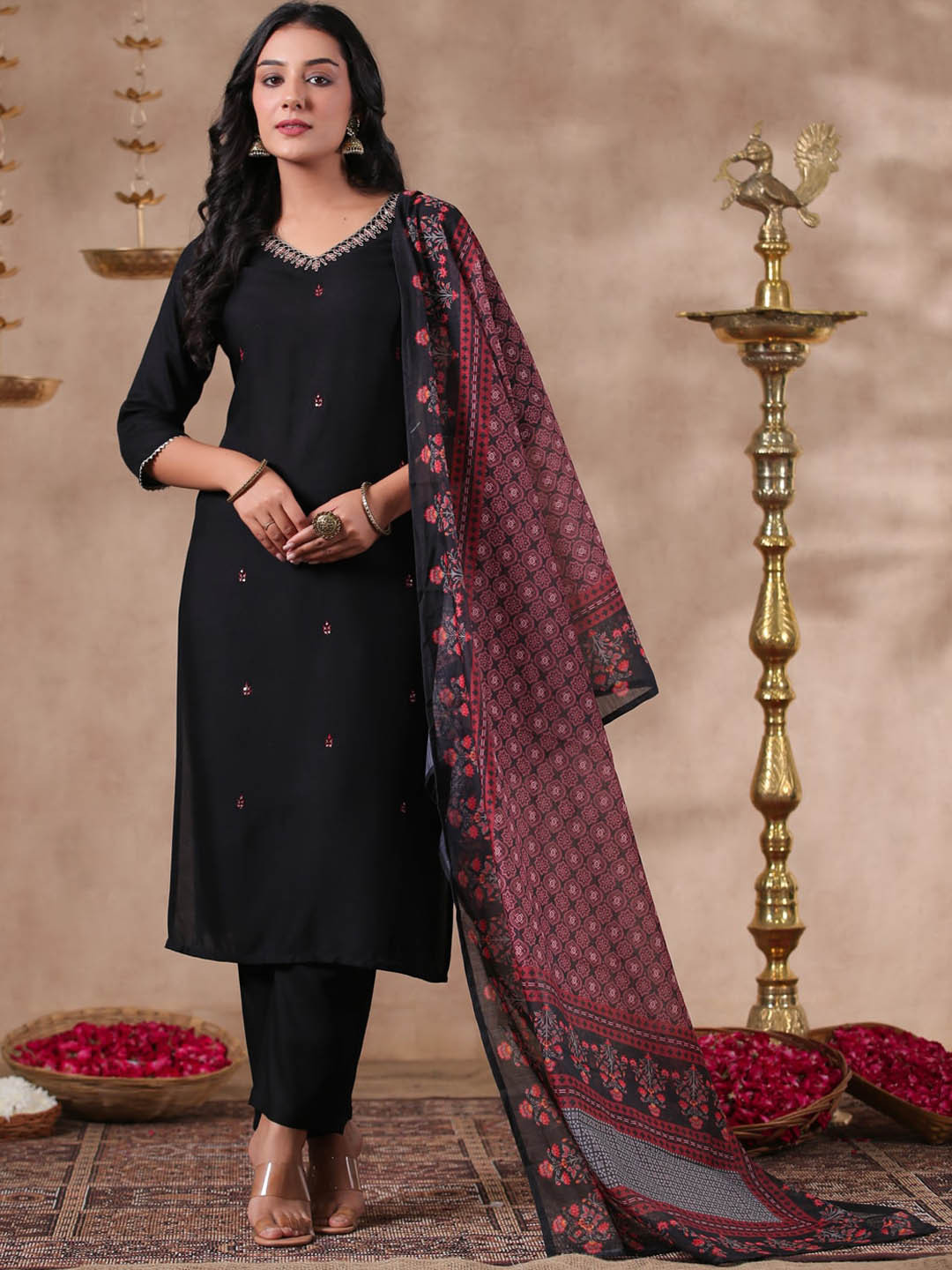 

Anubhutee Ethnic Motifs Embroidered Regular Mirror Work Kurta With Trousers & Dupatta, Black